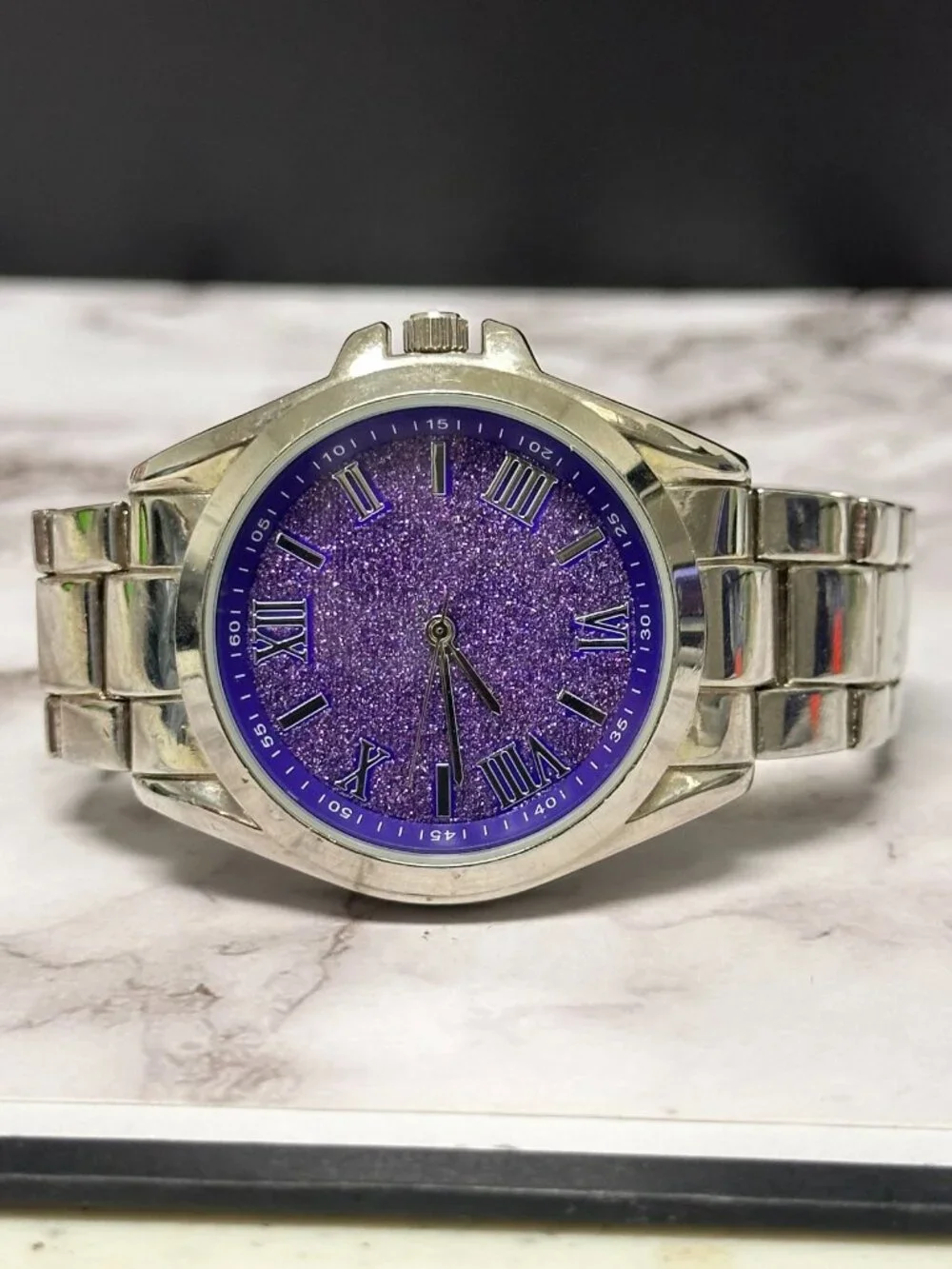 Accutime Watch Women Silver Tone Purple Glittered Dial New Battery 8 Inch